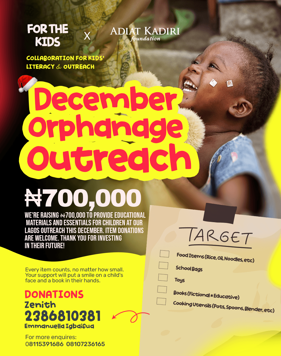 Flier for the december orphanage outreach to raise money and items
